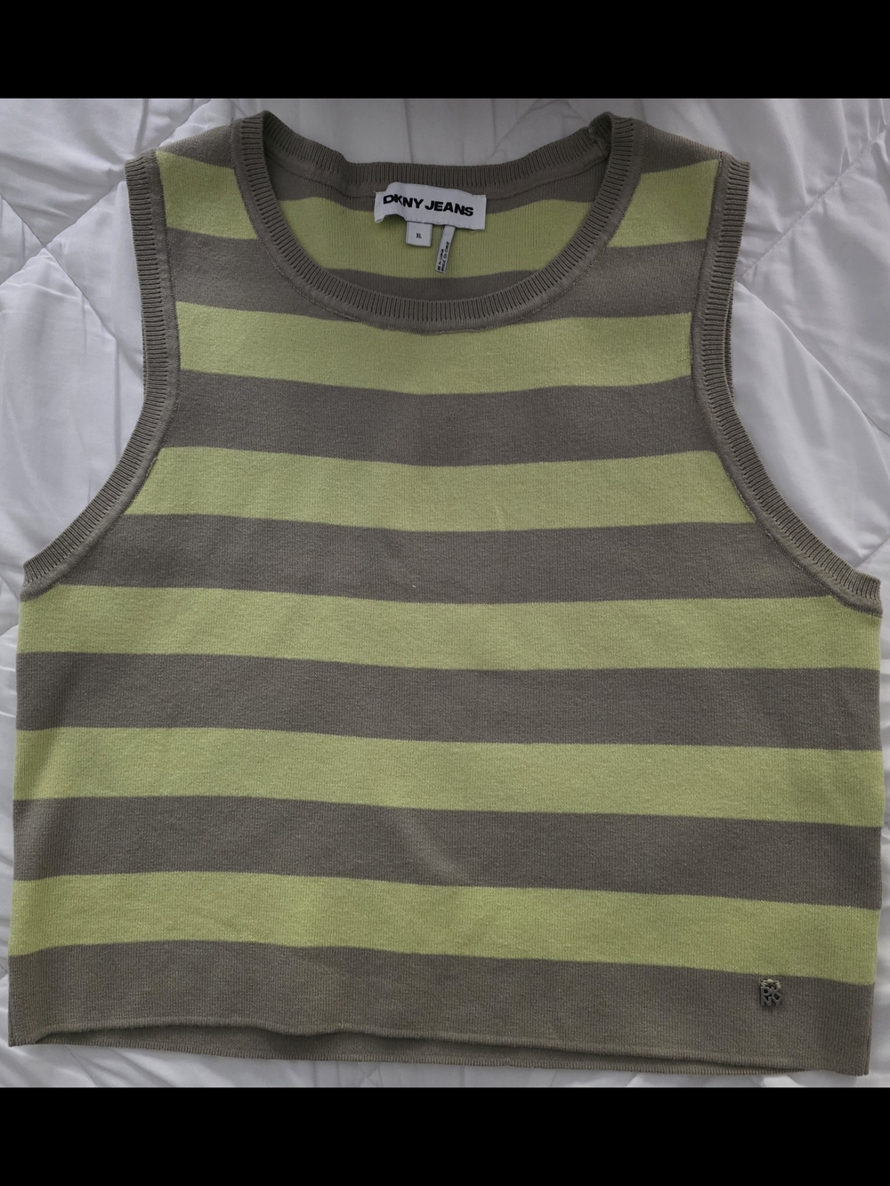 DKNY Striped Sleeveless Knit Crop Top in Lime and Taupe